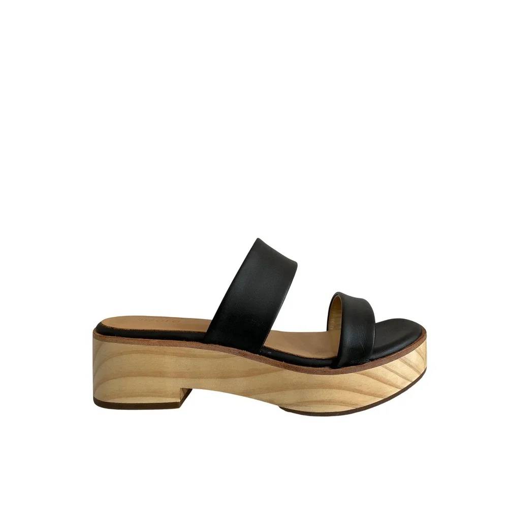 Nisolo NEW Double Strap Wood Bottom Heels Sandal Black Leather Slide Women‎ 7.5
